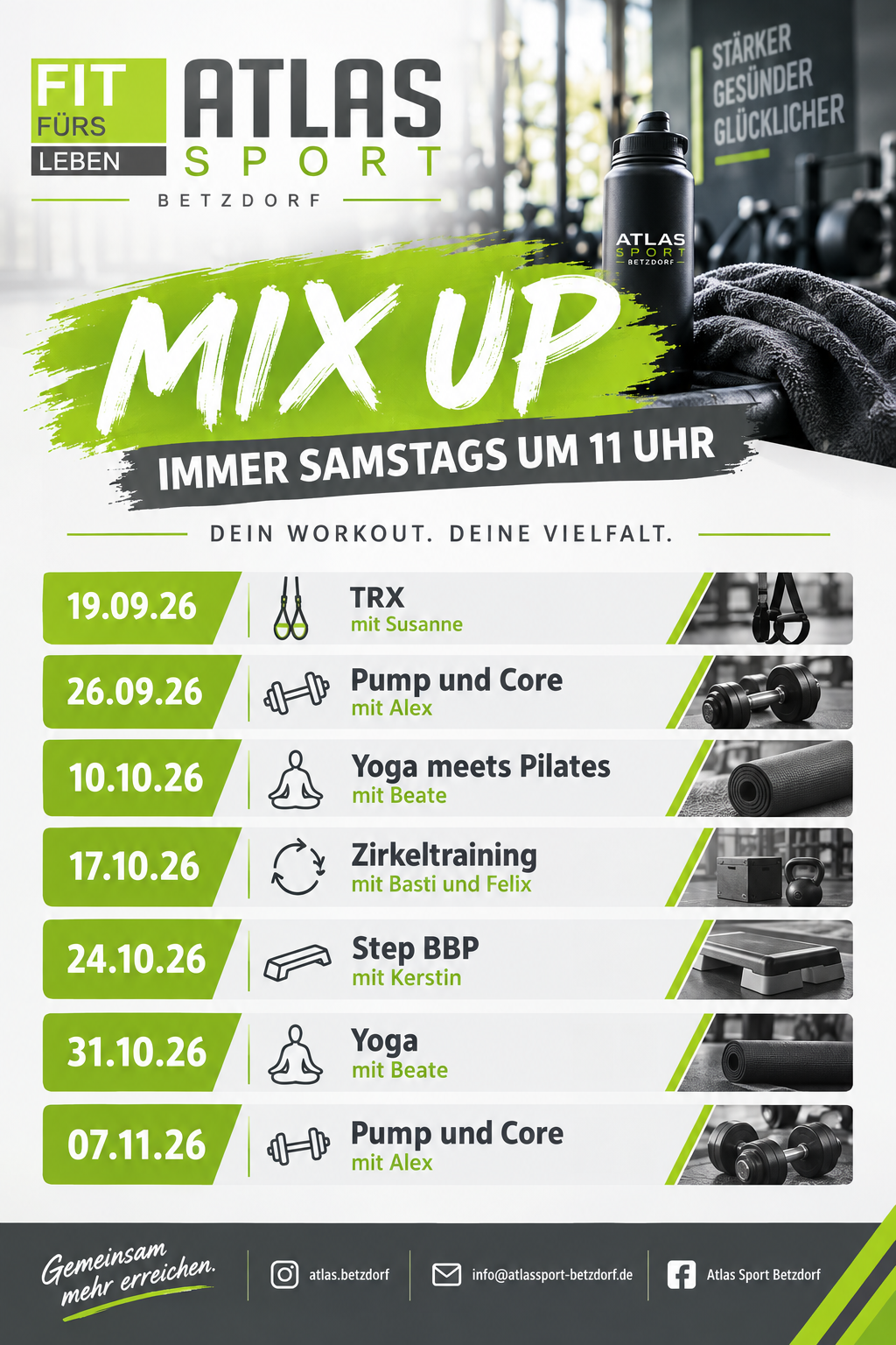 Mix-Up Kursplan – immer samstags um 11 Uhr bei ATLAS SPORT Betzdorf